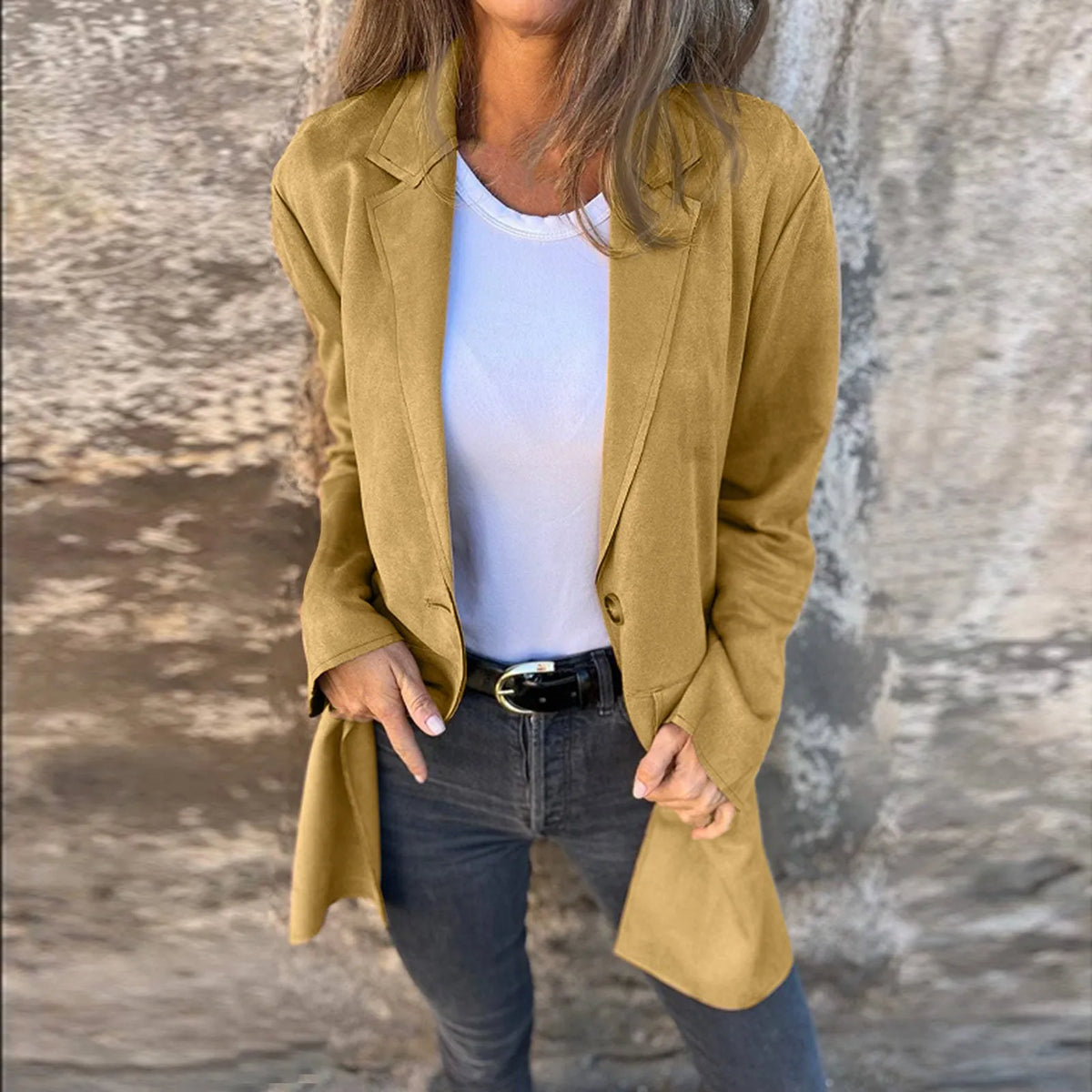 Casaco de Camurça Sophia™ com Corte Alongado / Elegância Atemporal para Todas as Estações!